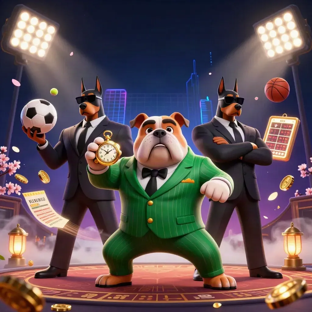 Boss bulldog and two Doberman guards amid sports balls, gold coins, trophy, and neon casino light.