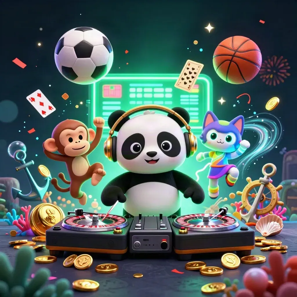 DJ panda, monkey, and kitten amid casino treasure, balls, coins, and neon effects