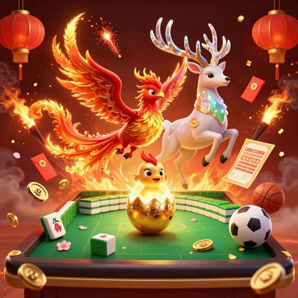Fire phoenix, hatching chick, and crystal stag amid casino-themed glowing treasures