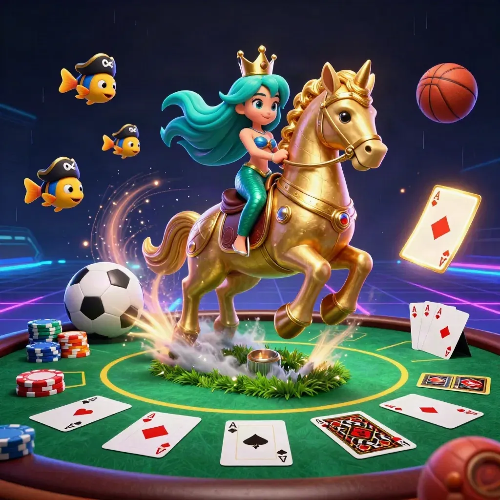 Mermaid princess on golden seahorse amid casino chips, poker cards, balls, neon energy, and pirate fish.