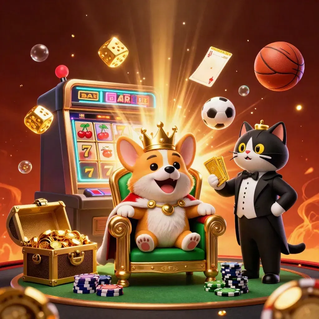 Royal corgi and cat butler amid casino loot, slot bursts, sports balls, and neon glow.