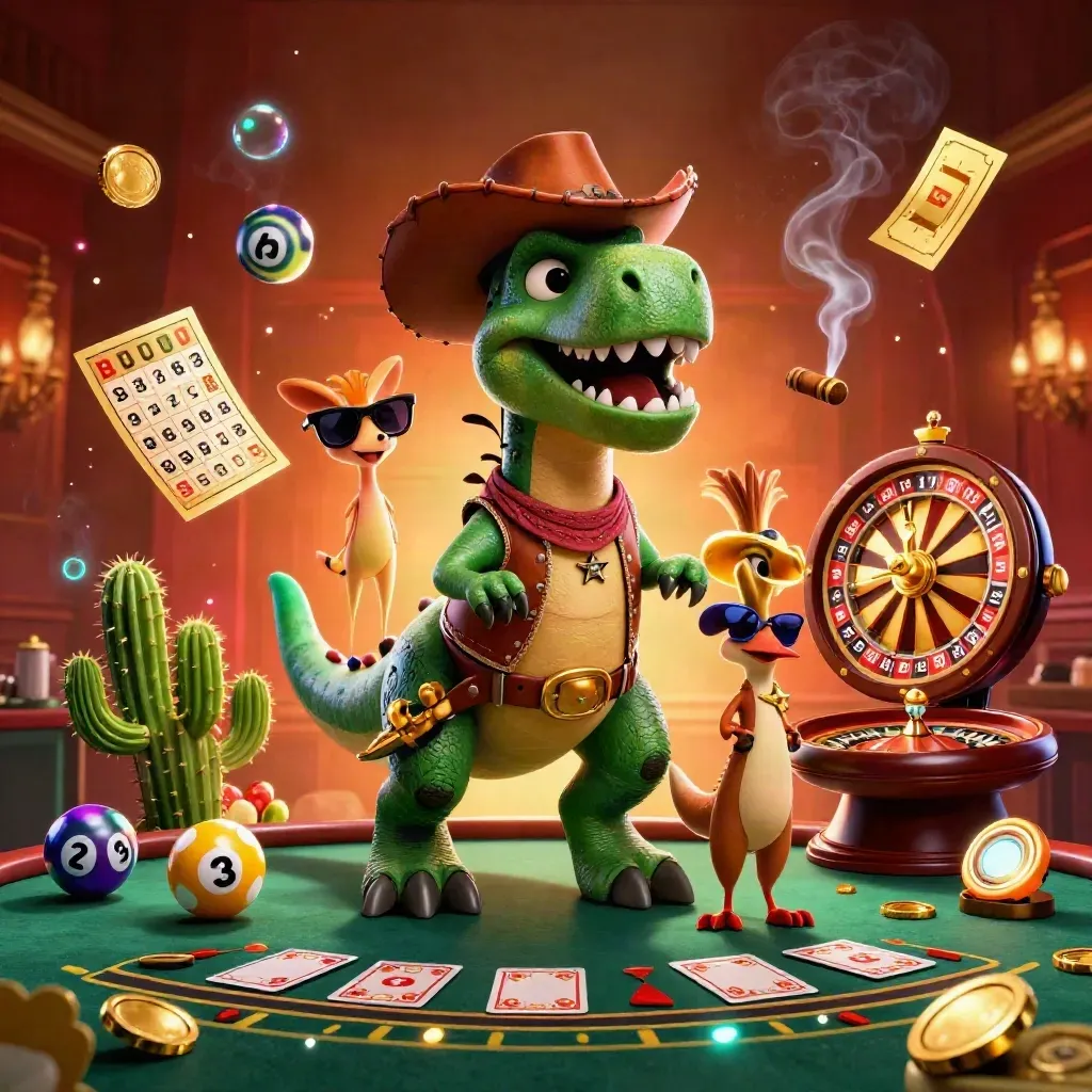 Cowboy T-Rex, cactus and roadrunner amid glowing casino props, ember-lit and luxe.