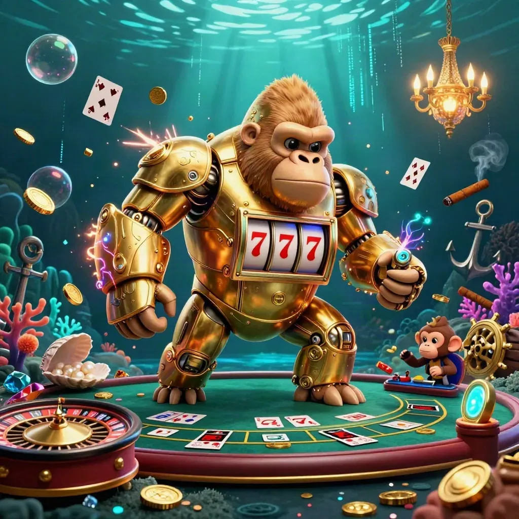 Golden gorilla mech and tiny monkey pilot in an underwater casino treasure cove, with neon effects and jackpot loot.