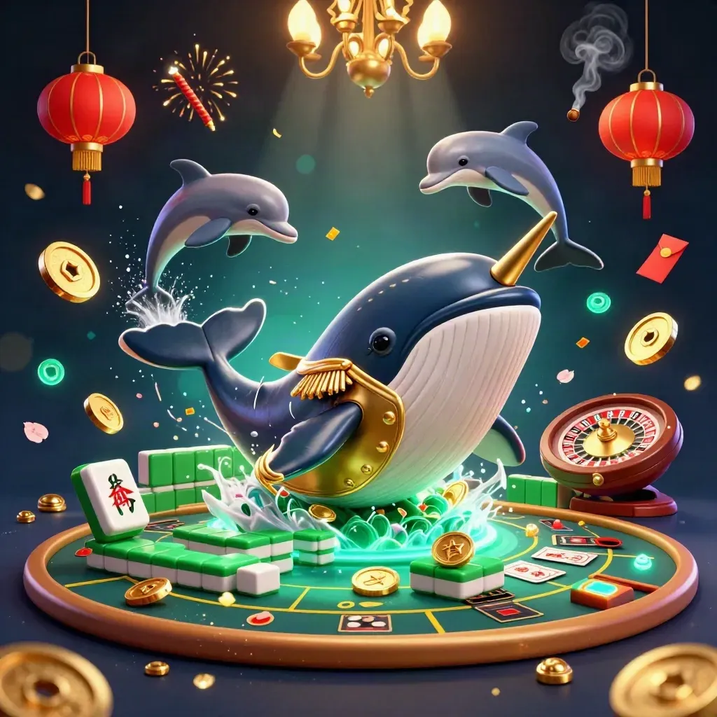 Whale captain, narwhal, and dolphins in a neon casino sea of coins, lanterns, and gold sparks.