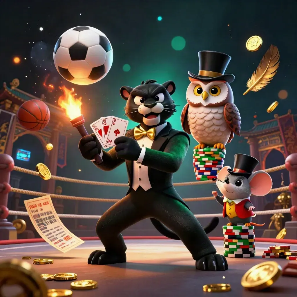 Panther, owl, and mouse in a luxe casino ring with floating sports gear and glowing gold light.