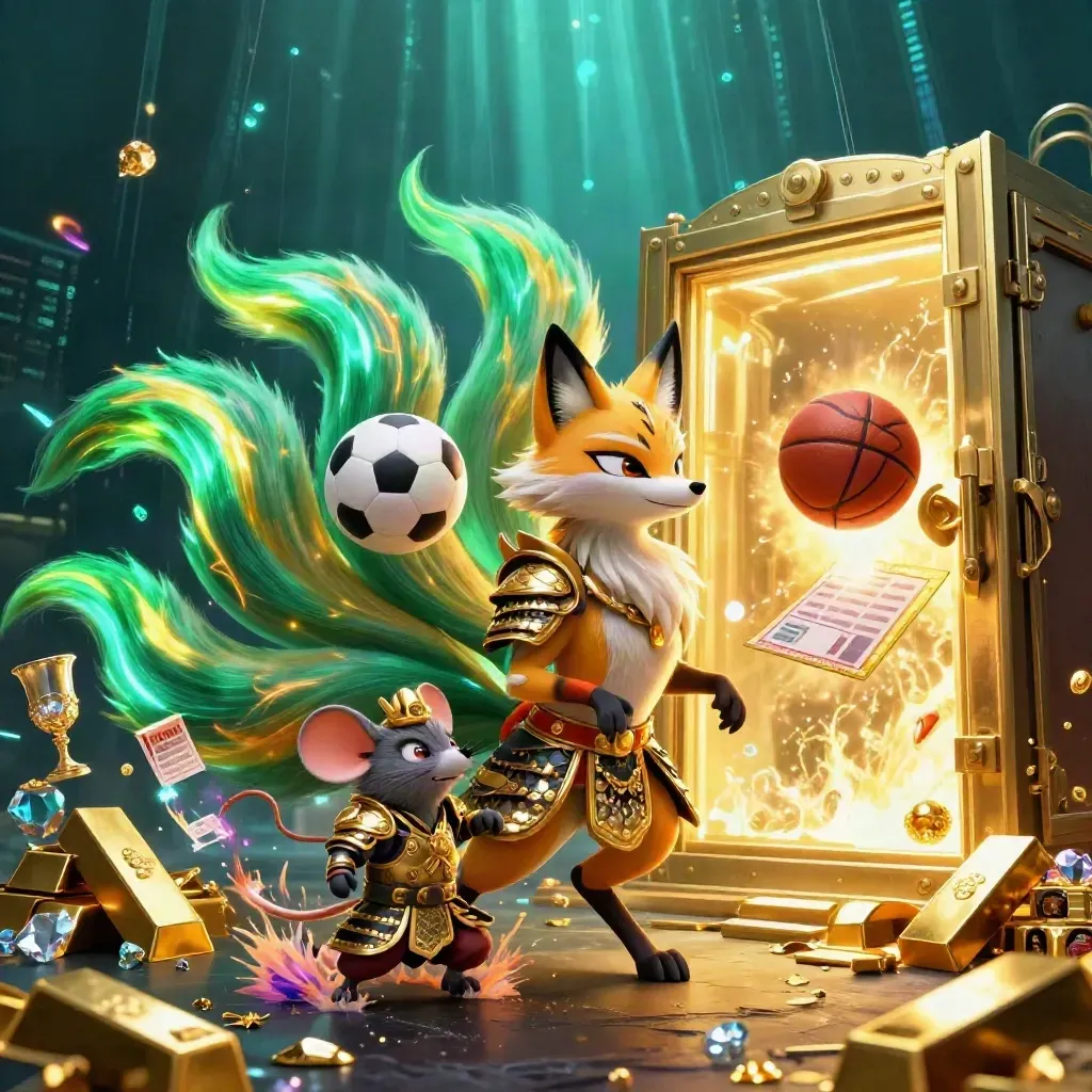 Neon fox spirit and armored mouse amid vault gold, balls, and electric casino energy