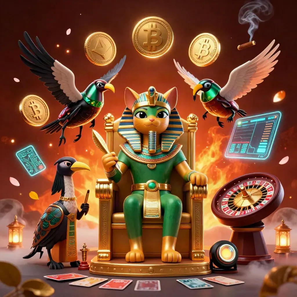 Pharaoh cat, ibis scribe, and scarab beetles in a luxe neon casino scene with coins and magic effects.