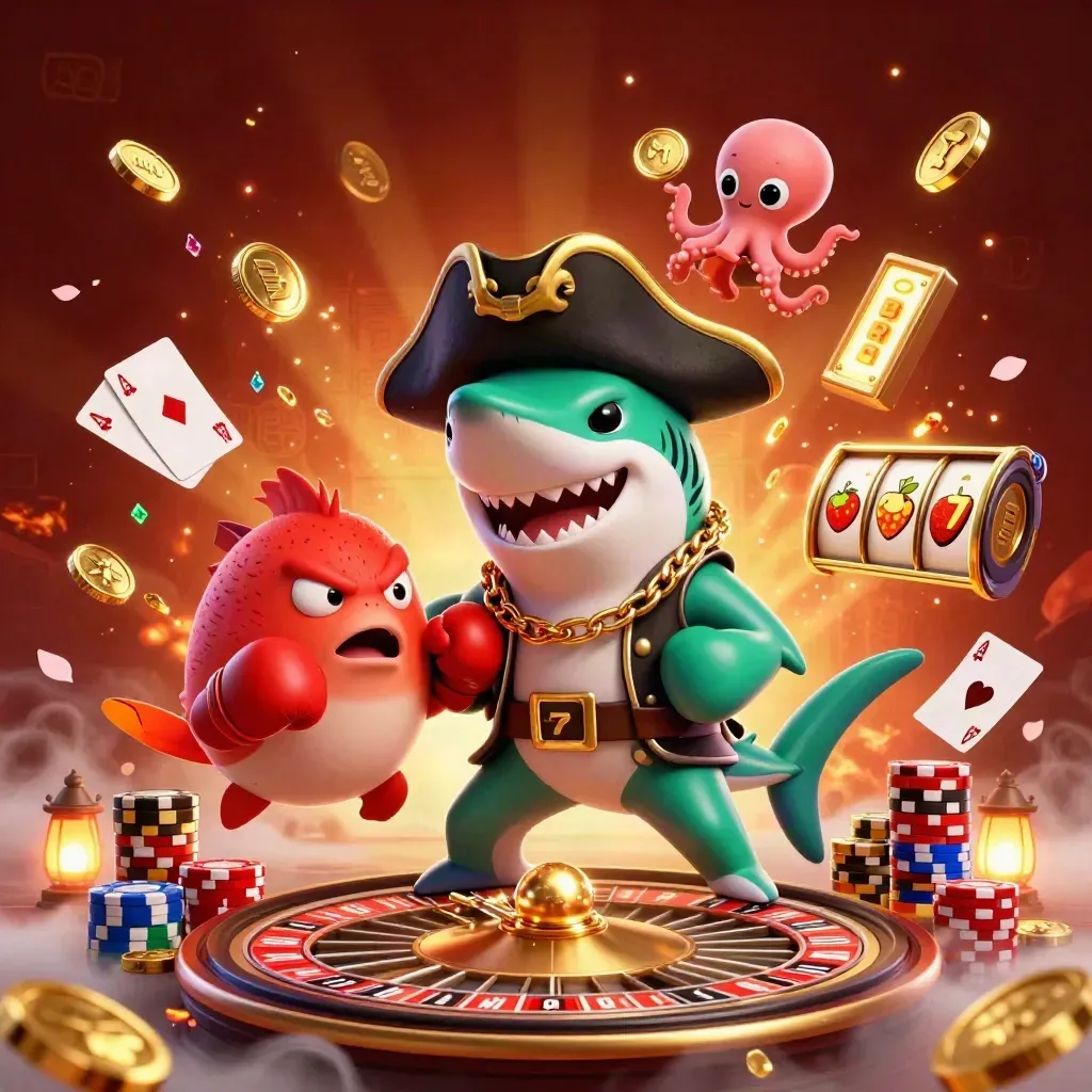 Pirate shark, pufferfish, and octopus amid coins, gems, cards, and neon casino chaos.
