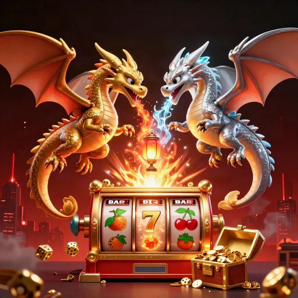 Twin gold and silver dragons spiral around a lantern spirit as casino symbols burst outward.