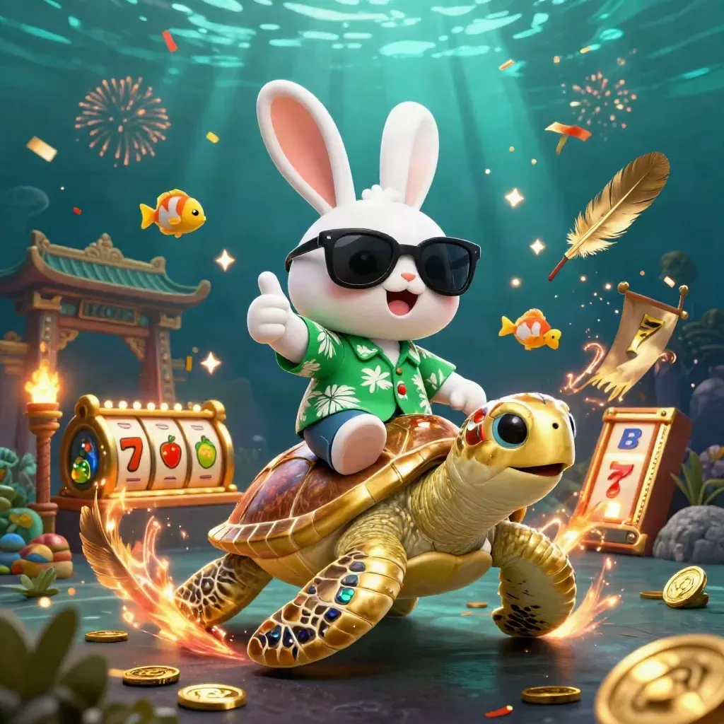 Lucky rabbit rides a jeweled sea turtle amid coins, fish, and casino magic underwater.