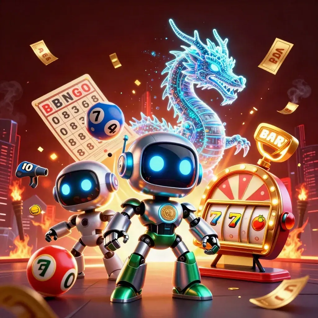 Cyberpunk robot, holographic dragon, and coin drone explode amid casino treasures in emerald neon.