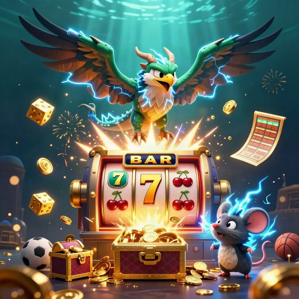 Thunder dragon, hawk, and mouse explode from a slot machine amid gold, coins, dice, and fireworks.