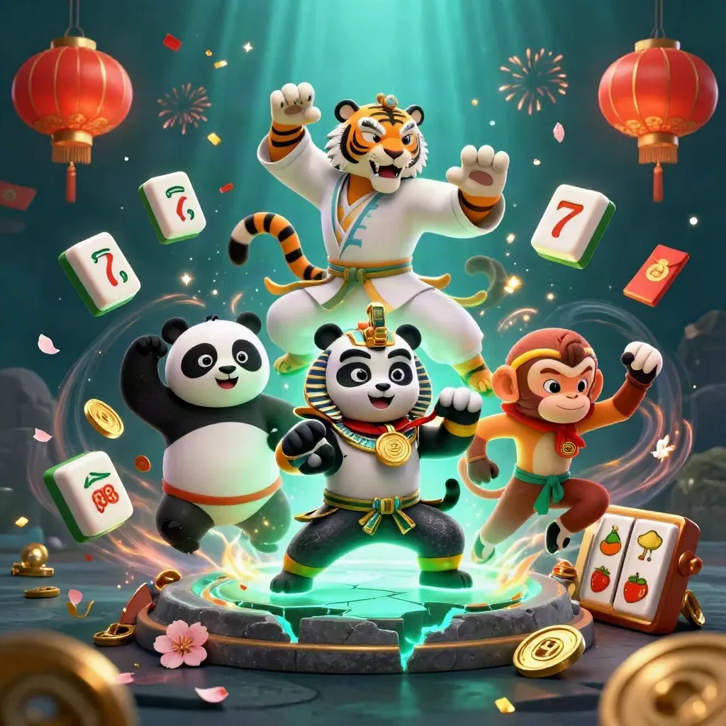 Kung-fu tiger, panda, and monkey amid casino treasures, lanterns, jade coins, and glowing pharaoh stone.