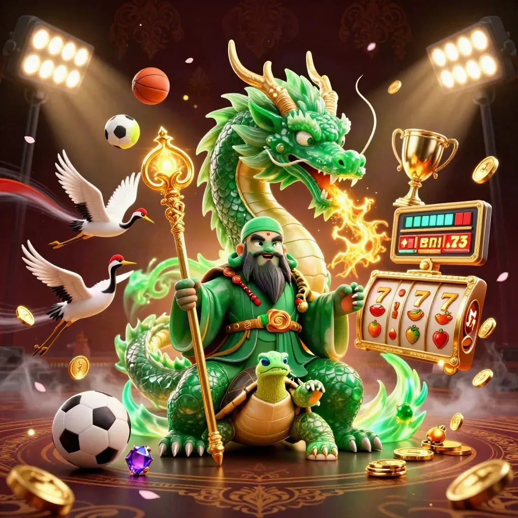 Emerald dragon, turtle sage, and cranes amid casino lights, coins, sports balls, and golden fire.