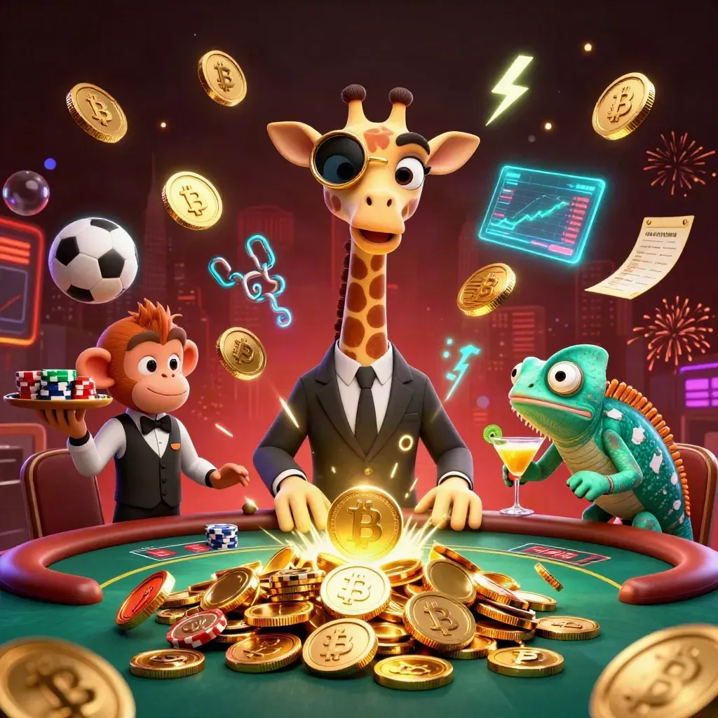 A giraffe high roller, monkey valet, and chameleon bartender amid coins, fireworks, and casino neon.
