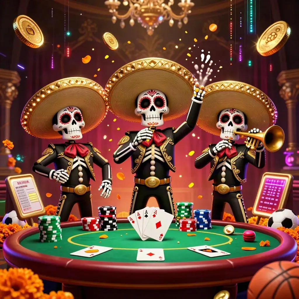 Day-of-the-Dead mariachi skeletons amid casino coins, cards, chips, neon, and dark gold luxe