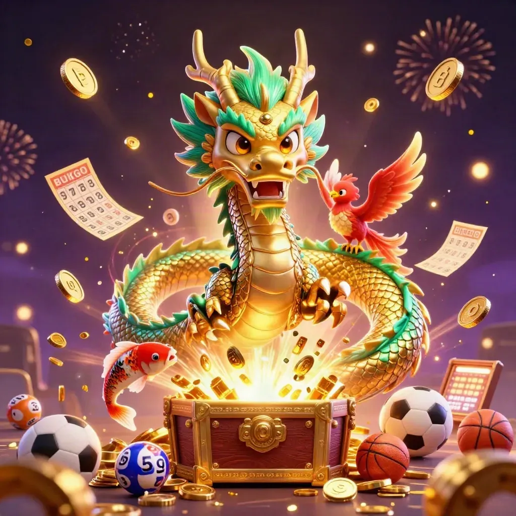 Golden dragon, phoenix and koi burst from a treasure chest amid casino game elements.