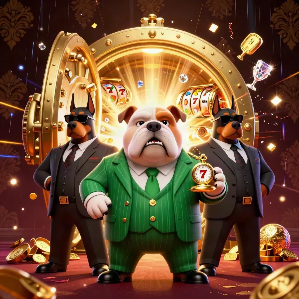 Mafia bulldog with two Dobermans amid gold vault burst, gems, reels, and neon casino energy.