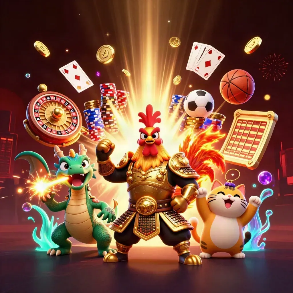Rooster samurai, dragon hatchling and lucky cat amid coins, cards, roulette and neon casino chaos.