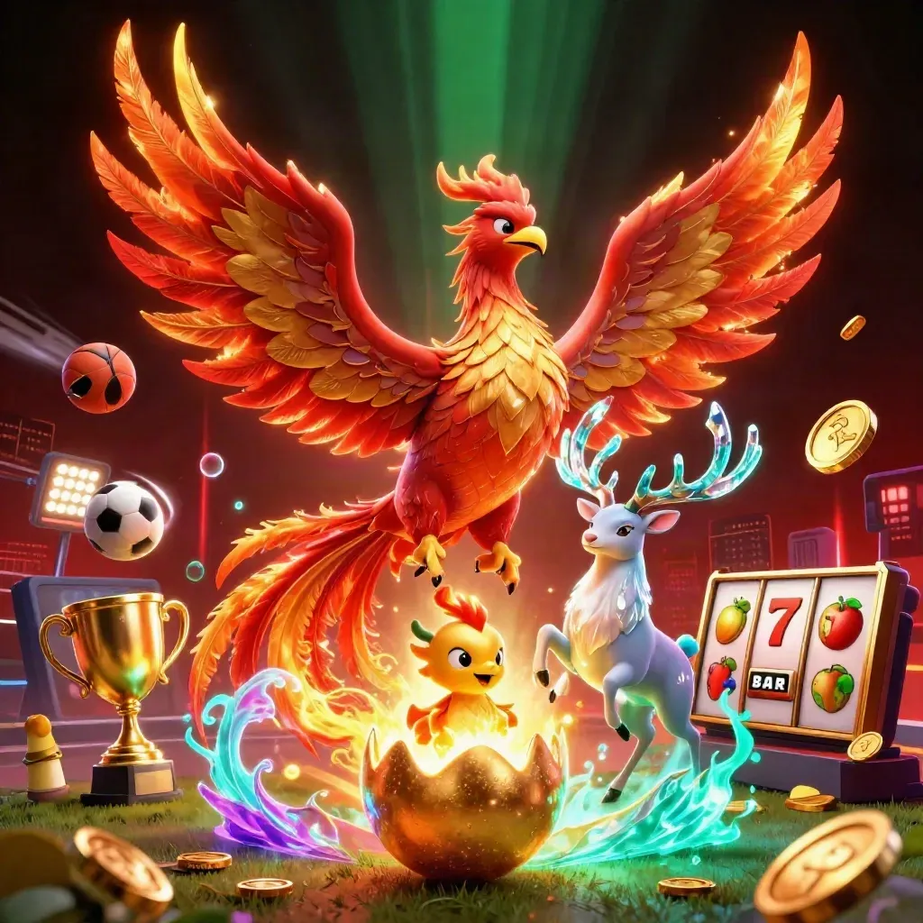 Phoenix, hatching chick, and crystal-antler stag amid casino icons, coins, neon beams