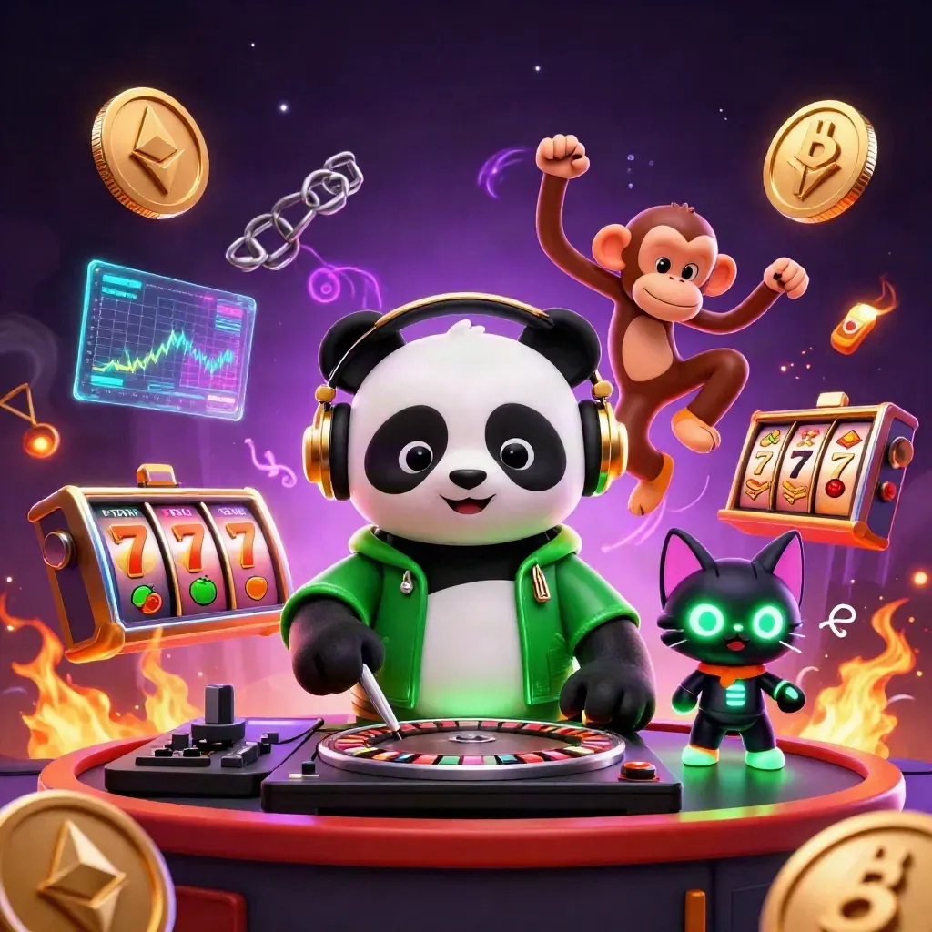 DJ panda, breakdancing monkey, and rave kitten amid casino coins, lightning, and slot symbols