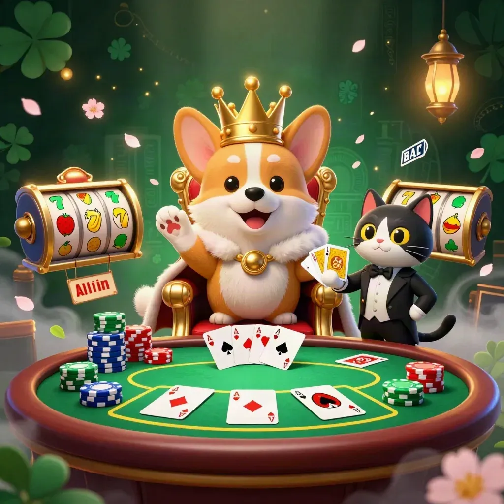 Royal corgi on chip throne with cat butler, cards, chips, reels, and emerald-gold casino glow.