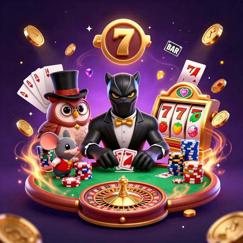 Panther, owl and mouse casino heroes amid coins, reels, chips and ember-lit magic.