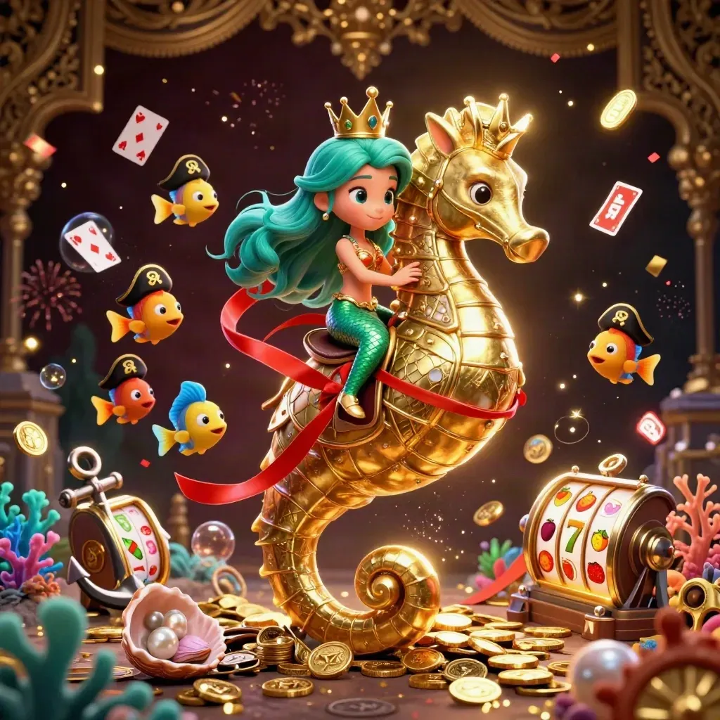 Mermaid princess rides a golden seahorse amid coins, cards, coral, fireworks, and casino symbols.